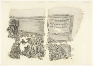 Øvre høyre hjørne av et trykk av scenen av Cebes Tabula Cebetis Carta Vitae (tittel på objekt) av Philips Galle