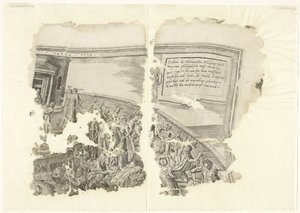 Øvre høyre hjørne av et trykk av scenen av Cebes Tabula Cebetis Carta Vitae (tittel på objekt) av Philips Galle