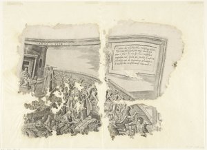 Øvre høyre hjørne av et trykk av scenen av Cebes Tabula Cebetis Carta Vitae (tittel på objekt) av Philips Galle