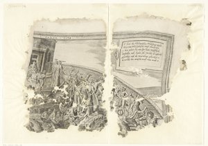 Øvre høyre hjørne av et trykk av scenen fra Cebes Tabula Cebetis Carta Vitae (tittel på objekt) av Philips Galle