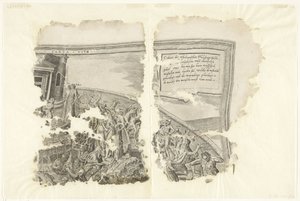 Øvre høyre hjørne av et trykk av scenen fra Cebes Tabula Cebetis Carta Vitae (tittel på objekt) av Philips Galle