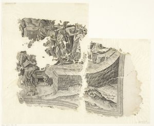 Nederste høyre hjørne av et trykk av scenen av Cebes Tabula Cebetis Carta Vitae (original tittel) av Philips Galle