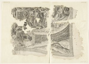 Nederste høyre hjørne av et trykk av scenen av Cebes Tabula Cebetis Carta Vitae (original tittel) av Philips Galle