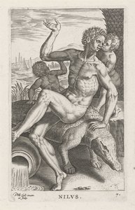 Riviergod Nilen Nilvs (tittel på objekt) Rivier- en zeegoden (serietittel) Elegante portretter av de marine halvgudene og Amnicus-selene (serietittel) av Philips Galle