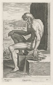 Riviergod Tejo Tagvs (tittel på objekt) Rivier- en zeegoden (serietittel) Elegante portretter av de marine halvgudene og sjøløvene (serietittel) av Philips Galle