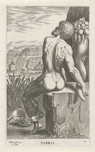 Riviergod Tiber Stammer (tittel på objekt) Rivier- en zeegoden (serietittel) Elegante portretter av de marine halvgudene og Amnicus-selene (serietittel) av Philips Galle