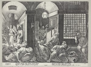 St. Peter frigjort fra fengselet av engelen av Philips Galle