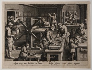 Oppfinnelsen av kobbergravering, ca. 1591 (gravering) av Philips Galle