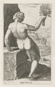 Vannymfen Arethusa Arthvsa (tittel på objekt) Stroom- en waternimfen (serietittel) Oceanitid-nymfer, epihidrid potamidus naiads (serietittel) av Philips Galle