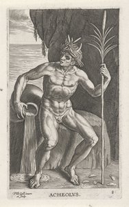 Zeegod Achelous Acheolvs (tittel på objekt) Rivier- en zeegoden (serietittel) Elegante portretter av de marine halvgudene og sjøløvene (serietittel) av Philips Galle