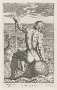 Zeegod Neptun Neptvnvs (tittel på objekt) Rivier- en zeegoden (serietittel) Elegante portretter av de marine halvgudene og Amnicus-selene (serietittel) av Philips Galle