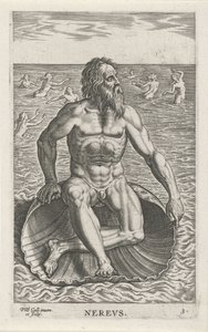 Zeegod Nereus Never (tittel på objekt) Rivier- en zeegoden (serietittel) Elegante portretter av de marine halvgudene og sjøløvene (serietittel) av Philips Galle