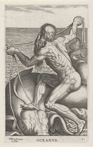Zeegod Oceanus Oceanvs (tittel på objekt) Rivier- en zeegoden (serietittel) Elegante portretter av de marine halvgudene og sjøløvene (serietittel) av Philips Galle