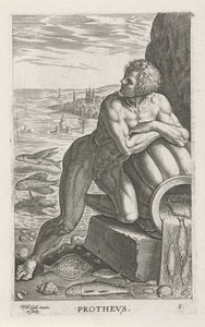 Zeegod Protheus Prothevs (tittel på objekt) Rivier- en zeegoden (serietittel) Elegante portretter av de marine halvgudene og Amnicus-selene (serietittel) av Philips Galle