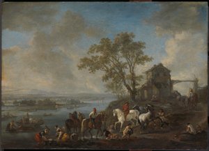 Hestedam ved en elv av Philips Wouwerman