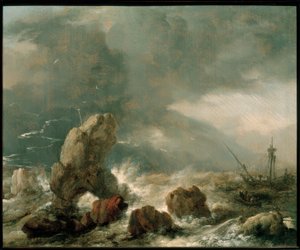 Stormfullt hav med tre skip i nød av Philips Wouwerman