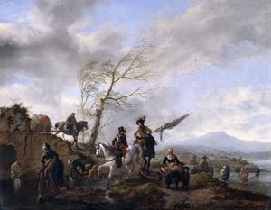 Et omfattende elvelandskap med soldater og en fanebærer som vanner hestene sine, av Philips Wouwerman