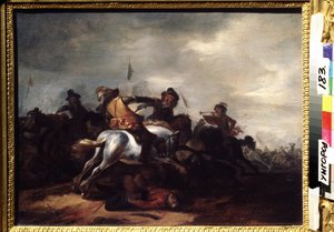 En kamp. Maleri av Philips Wouwerman (1619-1668). Olje på tre, 31 x 41 cm. Flamsk kunst, barokkkunst. Regionalt kunstmuseum, Uzhgorod (Ukraina).