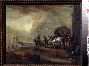 Reisende på vei. Maleri av Philips Wouwerman (1619-1668). Olje på lerret, 33,5 x 41,5 cm. Flamsk kunst, barokkstil. Statens kunstmuseum, Tula (eller Tolan), Russland.