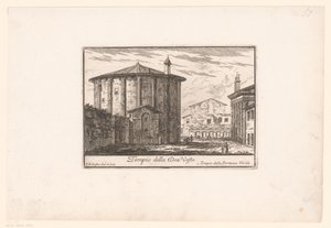 Utsikt over Vesta-tempelet Tempio della Dea Veste (tittel på objekt) Utsikt over antikkens og moderne Roma (serietittel) Varie Vedute di Roma Antica, e Moderna (serietittel) av Philothée Francois Duflos