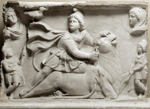 Sivilisasjonen av fønikerne: offerscene som skildrer den guddommelige Mithra (Mythra eller Mithra) forbanner oksen. 2. eller 3. århundre e.Kr. Relieffstrømper i marmor. Paris, Louvre-museet