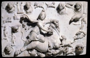Orientalske antikviteter: Mithra dreper oksen (kommer fra Mithraeum i Sidon). Lavrelieff marmor fra Sayda, 2.-3. århundre (gresk-romersk periode, fønikisk rike). Paris, Louvre-museet