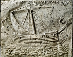 Fønikisk kunst: basrelieff av sarkofag som representerer et handelsskip - Fra den gamle havnen i Sidon (Saidoon) i Libanon - Paris, musee du Louvre - Et fønikisk handelsskip - Relieffdetalj av en steinsarkofag funnet i Sidon (Libanon) - Louvre-museet , Par