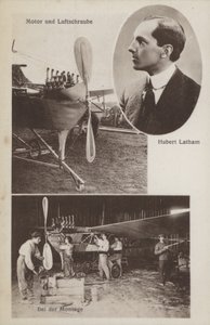 Den franske flygeren Hubert Latham og flyet hans (s/hv-bilde) av Photographer German