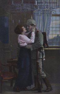 Tysk soldat tar farvel med sin kone før han dro til krig (farget bilde) av Photographer German