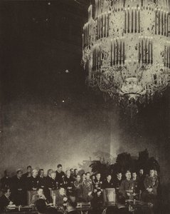 Signering av trepartspakten som danner aksen til Japan, Nazi-Tyskland og det fascistiske Italia i Reichskancelliet, Berlin, andre verdenskrig, 27. september 1940 (s/hv-bilde) av Photographer German