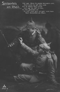 Stolzenfels slott ved elven Rhinen, postkort med tysk patriotisk militærtema (s/hv-bilde) av Photographer German