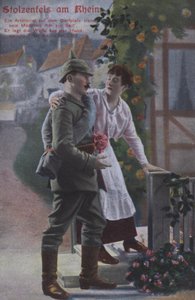 Stolzenfels slott ved elven Rhinen, postkort med tysk patriotisk militærtema (farget bilde) av Photographer German