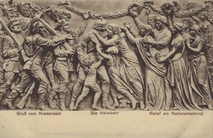Hjemkomsten, relieff på Nationaldenkmal, monument til minne om foreningen av Tyskland, Rudesheim am Rhein, Hessen (s/hvitt foto) av Photographer German