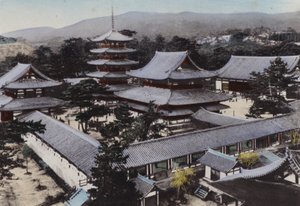 Japan, ca. 1912: Horyu-ji, det eldste buddhisttempelet i Japan, bygget for rundt 1300 år siden, Yamato (bilde)