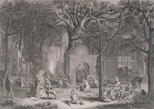 Hindu Fakirs Practicing their Superstitious Rites, gravert av Bell, fra World Religion, utgitt av A. Fullarton & Co. av Picart