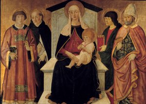 Jomfruen og barnet Jomfruen er omgitt av Saint Laurent-diakonen, Saint Peter, Saint John, Saint Blaise de Sebaste. Altertavle av Pier Francesco Fiorentino (aktiv rundt 1475-1500) 1490. Søn. 132 x 143 m. Avignon, Musee du Petro Palais