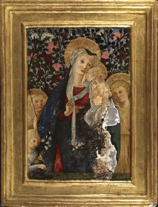 Jomfru og barn med spedbarnet Saint John, Saint Elizabeth og et barn med en vase med liljer, 1450-59