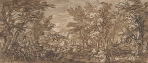 Skogsscene, et stopp til venstre, en jakt i sentrum, 1612-66. av Pier Francesco Mola