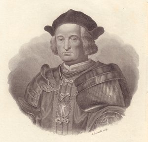 Portrett av italiensk militærleder og politiker Gian Giacomo Trivulzio (1440-1518), kobberstikk av Locatelli av Blaise Nicolas Le Sueur