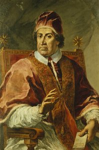 Portrett av pave Clement XI, sittende i halv lengde, iført pavelige kapper, holder et brev, av Pier Leone Ghezzi