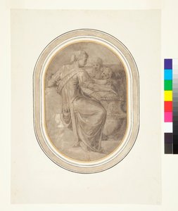 A Sibyl with a Vase and Two Putti, ca. 1540-tallet (Penstetegning i brun vask med noe penneverk forhøyet med hvitt på en grå grunn) av Piero (attr. to) Ligorio