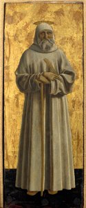 Polyptic of Misericorde: Jomfruen av Misericorde, omgitt av helgener. Detalj som viser Saint Benedict of Nursie. Maleri på tre av Piero della Francesca (1415/20-1492) 1445-1460 Dim. 54x21 cm Sansepolcro, Pinacoteca Comunale av Piero della Francesca