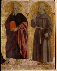 Polyptic of Misericorde: Jomfruen av Misericorde, omgitt av helgener. Detalj som skildrer Saint Andre og Saint Bernardino av Siena (Bernardino da Siena eller Bernardino degli Albizzeschi av Piero della Francesca