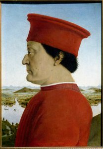Portretter av Federico de Montefeltro, hertugen av Urbino og Battista Sforza. Detalj som representerer Federico da Montefeltro av Piero della Francesca