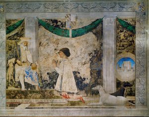 Sigismondo Pandolfo Malatesta, hersker av Rimini, kneler foran sin skytshelgen, den hellige Sigismund, konge av Burgund (freske) av Piero della Francesca