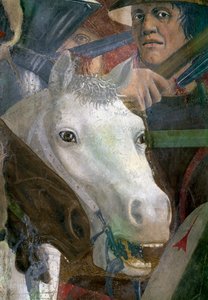 Legenden om det sanne kors, slaget ved Heraclius og Chosroes, detalj av en hest og en soldat, fullført freskomaleri fra 1464