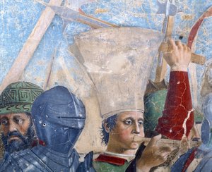 Legenden om det sanne kors, slaget ved Heraclius og Chosroes, detalj av en trompetist, fullført freskomaleri fra 1464 av Piero della Francesca