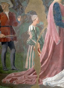 Legenden om det sanne kors, dronningen av Saba som tilber korsskogen, detalj av en ledsager, fullført freskomaleri fra 1464 av Piero della Francesca