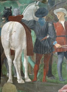 Legenden om det sanne kors, mottakelsen av dronningen av Saba av kong Salomo, detalj av to ryttere, fullført freske fra 1464