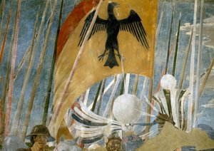Legenden om det sanne kors, Konstantins seier i slaget ved Milvian Bridge, detalj av banneret, ferdigstilt freskomaleri fra 1464 av Piero della Francesca